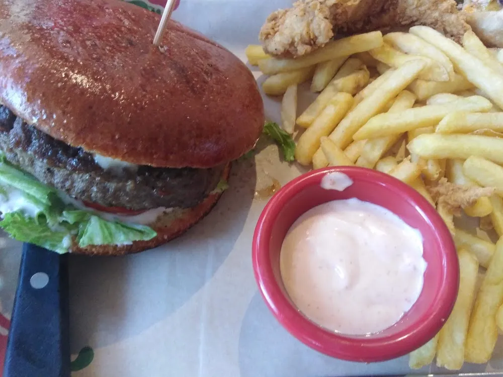 Old-Timer Burger and Fries with Cheese Sticks